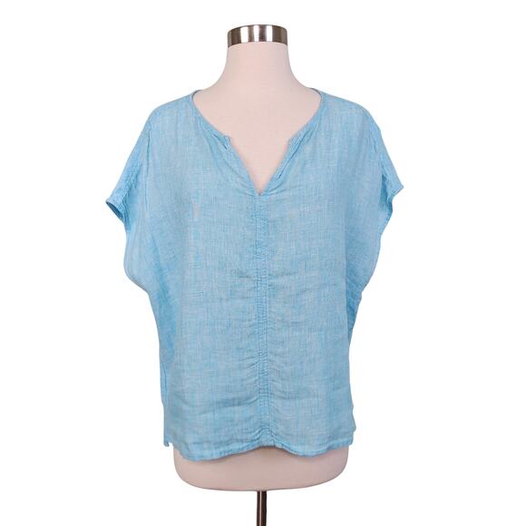 Tahari Womens Linen Popover Blouse Size Large Blue V Neck Minimalist Lagenlook - Picture 1 of 11